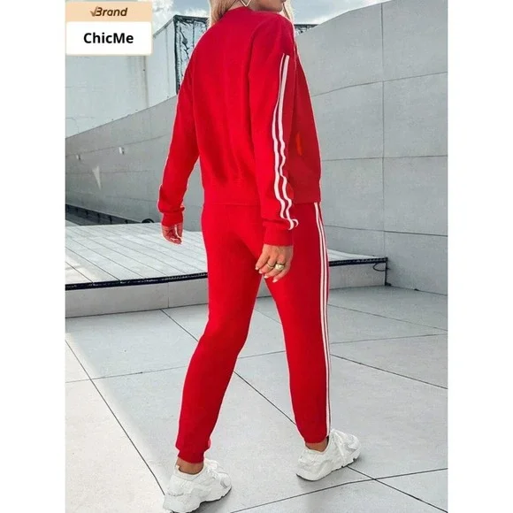 ChicMe Red 3 Piece Tracksuit Set Bomber Jacket Tank Top Joggers Stripes Size XL - Picture 4 of 11